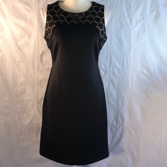 Donna Ricco Black  Lazor Cut Outs Over Tan Lining Sleeveless Sheath Dress 4 - Picture 1 of 9